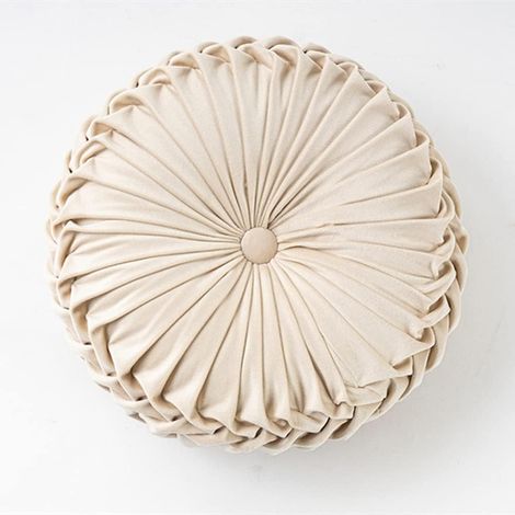 Coussin Rond de canapé de 34,8 cm en Velours de Couleur Pure pour décoration d'intérieur, Coussin Rond plissé, Coussin Citrouille adapté pour la décoration de la Maison (Blanc crème) (1/5)
