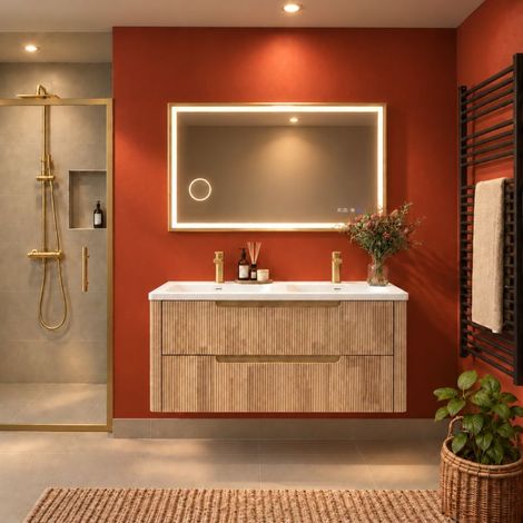 Meuble salle de bain CANELLO 120 cm avec miroir CARA doré - Chêne cannelé (1/5)