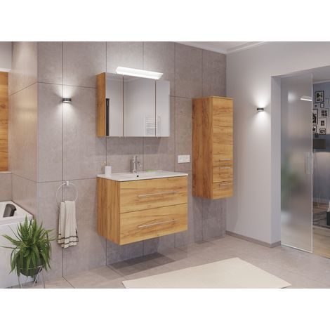 Badmöbel Set Firenze 80 3tlg. Spiegelschrank und Seitenschrank eiche gold