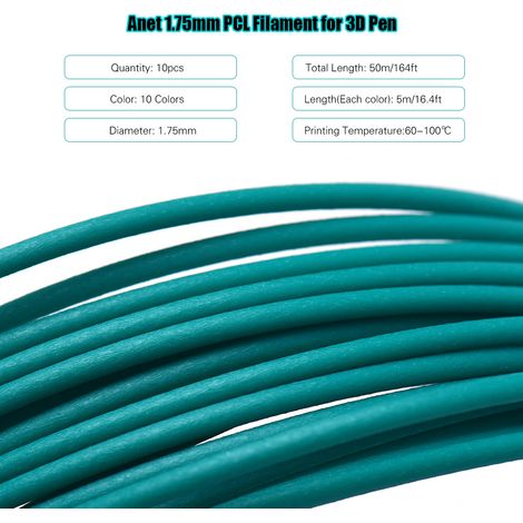 Anet Lot de 10 filaments PCL 1,75 mm, matériau écologique, recharges de filament pour stylo 3D, ensemble premium de 10 couleurs différentes pour imprimante 3D TECBOSS SUNLU Anet (5 m par couleur, 50 m (1/5)
