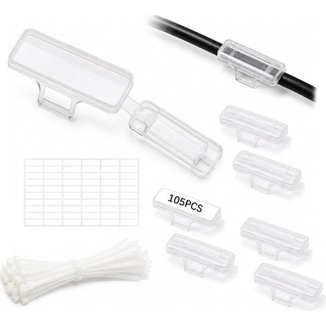 105 Pcs étiquettes de Câble, 105 Colliers de Serrage, 105 Pcsétiquettes  Clips Boîte de transparent marquage de cable, marqueurs pour identification câbles (1/5)
