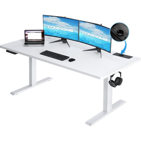 Comhoma – Bureau assis debout électrique 160x70 cm – Réglable de 72 à 114 cm – Fonction mémoire 2 hauteurs – Cadre métal silencieux – Blanc