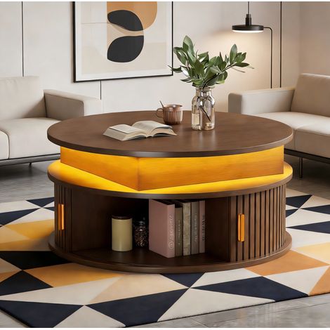 Tavolino rotondo rialzabile 75 cm noce con LED, vano nascosto e 2 ante a tamburo, altezza regolabile fino a 52 cm, in MDF (1/5)