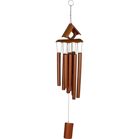 Relaxdays Windspiel Bambus, Klangspiel mit Spitzdach, Hängedeko, draußen & drinnen, HBT 68x14x7 cm, Windorgel, braun