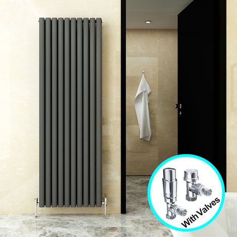 ELEGANT Central Heating Radiator 1800 x 590mm Vertical Anthracite Double Panel Oval Column Rad + Chrome Thermostatic Radiator Valves (1/5)