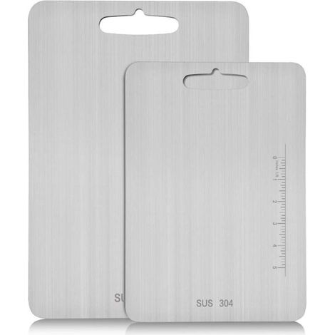 Planches Découper Inox 304 – Lot 2 – 23x34cm / 20x30cm – Viande/Légumes/Fruits – Lave-Vaisselle – Argent (1/5)