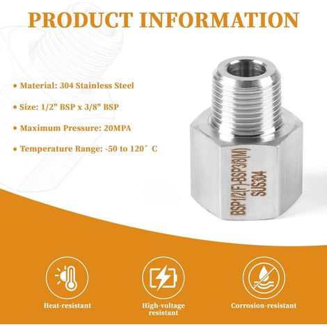 LALAGO 5 Pcs 1/2 "femelle BSP x 3/8" mâle BSP filetage forgé en 304 acier inoxydable réducteur connecteur hexagonal, Raccord de Tuyau Rond, Raccord réducteur à douille hexagonale