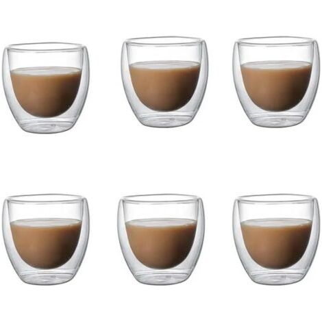 4er-Set Wassergläser, 6er-Pack, transparente, doppelseitige Wandbecher aus Glas, isolierte Becher für Wasser, Milch und Kaffee – 6 Stück – 51–100 ml