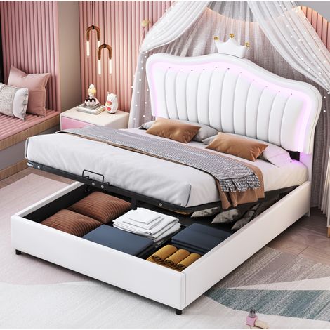 DESVIAE Lit enfant rembourré avec rangement hydraulique LED 140 x 200 cm tête de lit coquillage avec couronne dossier réglable blanc en simili cuir avec sommier à lattes (1/5)