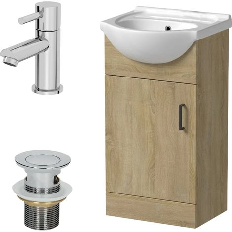 450mm Oak Bathroom Vanity Unit Basin Freestanding Chrome Malmo Tap & Waste Set (1/5)