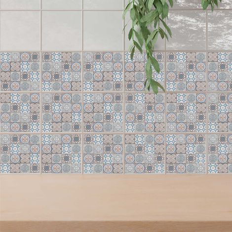 Sticker adhésif homestaging, mosaïque carreaux de ciment, gris, bleu, 10 cm X 10 cm (1/4)