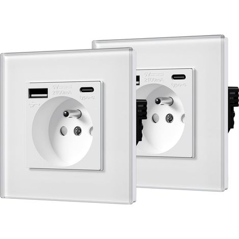 Prise USB C 2 Paquets, Prise Murale en Verre avec USB et 1 Type C alternatif Multiprise Murale avec USB 2.1A 16 Amp 240V 86mm Blanc (1/5)