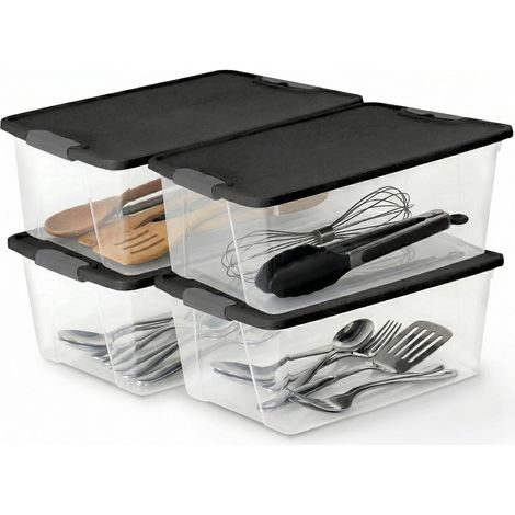 Lot de 4 boîtes de rangement empilables en plastique transparent de 13,7 litres avec couvercle à verrouillage à clipser gris pour l'organisation de la maison et du bureau (1/5)