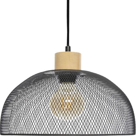 Atmosphera – Suspension en métal noir et bois D 30 cm – Abat-jour grillagé pour ambiance industrielle – Compatible ampoule E27 jusqu'à 40W (1/10)