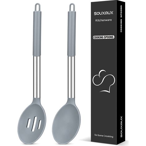 Lot de 2 Cuillères de Cuisson en Silicone, Ensemble de Cuillères Solides et Fendues, Ustensiles de Cuisine Antiadhésifs Sans BPA Résistants à la Chaleur Pour Soupe, Servir, Égoutter, Remuer (1/5)