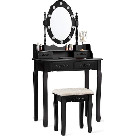 Goplus – Coiffeuse enfant 2 en 1 avec miroir rotatif et 10 lampes LED – 4 tiroirs de rangement – Dimensions 75 x 40 x 146 cm – MDF et pin noir (1/5)