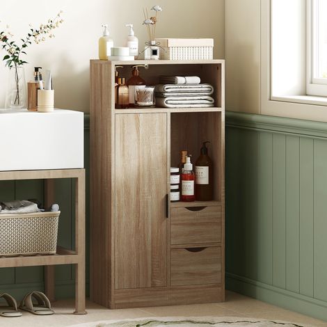 Meuble de salle de bain étroit et peu encombrant, avec 2 tiroirs, des étagères et un compartiment de rangement, 50 x 25 x 100 cm, en bois naturel (1/5)