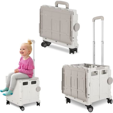 TolleTour Carrello spesa pieghevole 50L con coperchio, 4 ruote, trolley box per spesa e casa, bianco