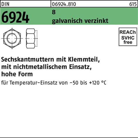 DIN 6924, 982/ISO 7040 Selbstsichernde Sechskantmutter M 6 x 1 Stahl galvanisch verzinkt 100 Stk (1/2)