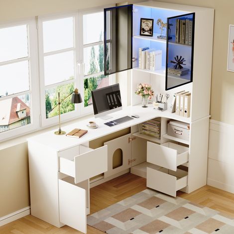 Eckschreibtisch 120x80x180 cm weiß aus MDF mit Regal, LED-Vitrine, Kabeldurchlass und Stauraum