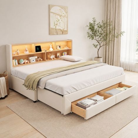 Letto estraibile 90/180x200 cm in velluto beige con cassetti, LED e porte USB (1/5)