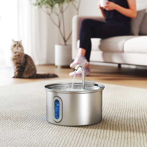 Fontana d'acqua per gatti 2,5 L in acciaio inox, silenziosa, LED HAVRYA (1/3)