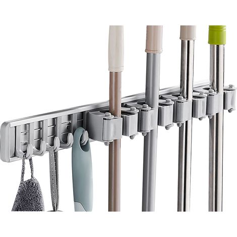 Wandmontierter Besen- und Mopphalter aus Aluminium mit Haken, kein Bohren oder Nägel erforderlich, Aufbewahrungsregal für Küche, Bad, Garten, Garage, Waschküche