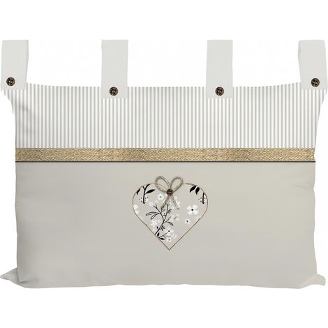 Soleil D Ocre – Tête de lit en coton taupe 45x70 cm – Fermeture à zip – Patch cœur et boutons bois – Décoration moderne