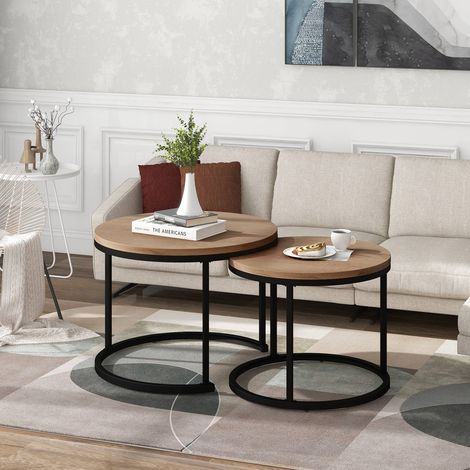 Table basse ronde 2 pcs, ensemble de tables gigognes rondes en chêne pour salon (1/5)
