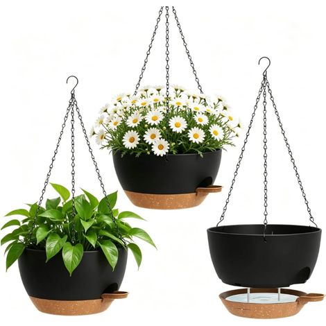 Lot De 3 Pots De Plantes à Suspendre, JardinièRe Avec Trous De Drainage Et ChaîNes MéTalliques, Suspension Pour Plantes Et Fleurs D'IntéRieur, DéCoration De Jardin Pour IntéRieur Et ExtéRieur (Noir) (1/5)