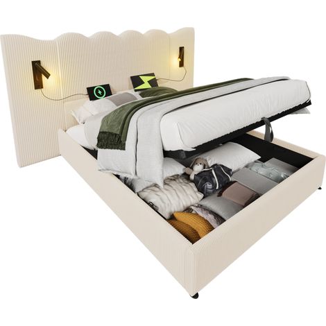 CHICFURN Cama doble 180x200 cm con arcón, lámpara de lectura giratoria y carga USB-C, tapizada en terciopelo acanalado beige blanco, sin colchón (1/5)