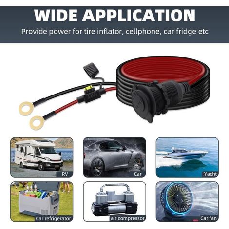 12V/24V Zigarettenanzünder-Verlängerungskabel, fester Innenstecker auf O-Ring-Anschluss, mit wasserdichter Abdeckung und 20A-Sicherung (3 m) (1/5)