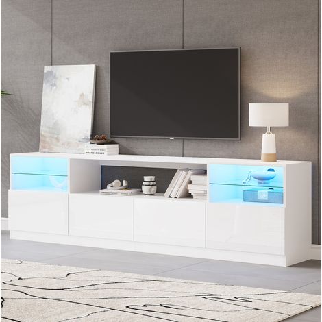 Meuble TV LED 180x35x60 cm avec 4 portes, 8 rangements et étagères en verre, brillant en panneaux de particules - blanc (1/5)