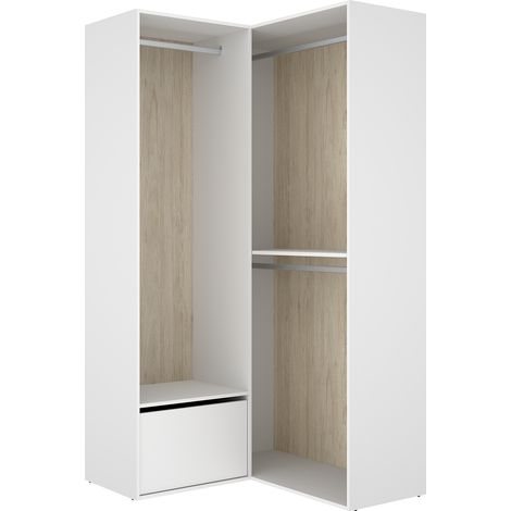 Armoire d'angle dressing ouverte avec 2 penderie et une porte chaussures, coloris blanc/naturel - Hauteur 204,5 x Longueur 105 x Profondeur 104,5 cm (1/5)