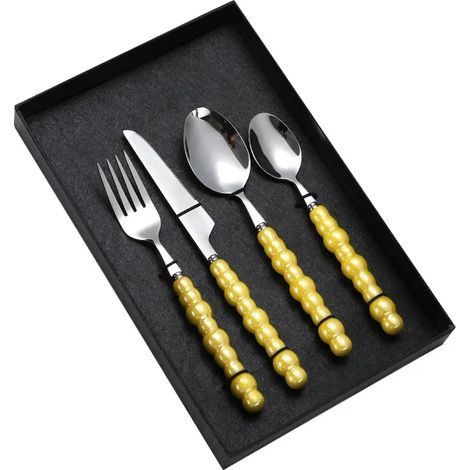 (Jaune) Vaisselle de luxe, poignée en céramique nacrée, acier inoxydable, style occidental (1/2)