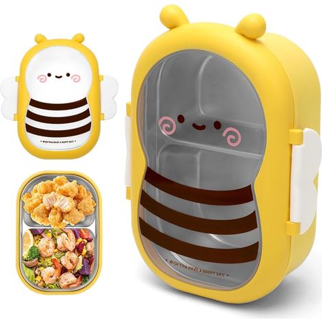 Boîte à lunch Bento à 2 compartiments, motif abeille (22,5 x 16 cm), compatible lave-vaisselle, pratique et étanche, idéale pour le petit-déjeuner, les pique-niques et les voyages. (1/5)