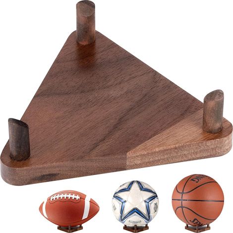 Support Ballon en Bois - 1 Unité - Bois Massif Noyer - Socle Stable Anti-glisse - Pour Football Basket Rugby - 12x12x3,5 cm (1/5)