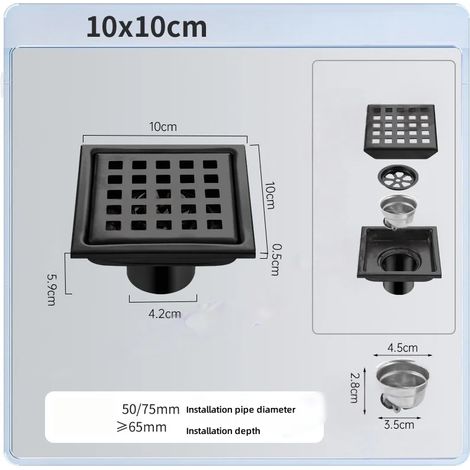(black 10x10cm)Stainless steel Floor Drains Tile Invisible Embedded Grid Shower Deodorant Floor Drain Kitchen Bathroom Hardware Fittings (1/4)