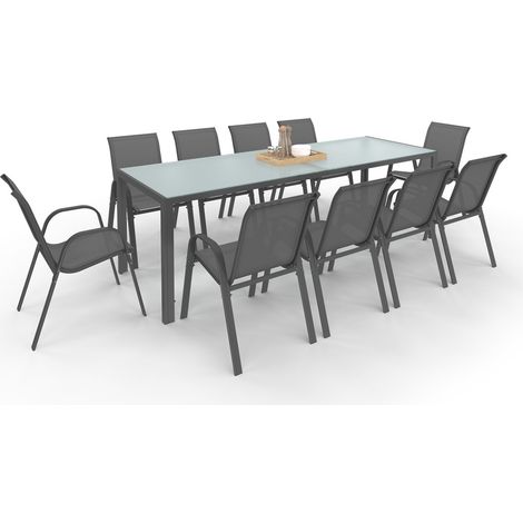 Idmarket – Ensemble table et 10 chaises empilables gris anthracite – Table 240 cm en verre trempé – Structure en acier – Pour repas en extérieur