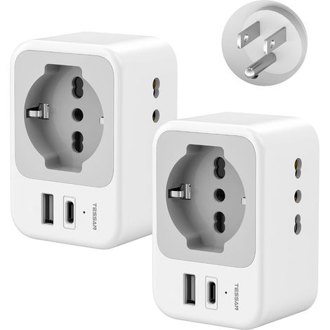 Adaptateur Prise Américaine Italienne Pack de 2, 5 en 1, 1875W Avec USB C et USB A, Type B, Pour Amérique, Mexique, Thaïlande, Canada