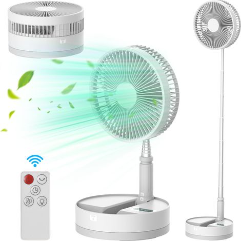 Ventilateur sur pied oscillant, batterie 10 800 mAh USB-C, veilleuse LED, télécommande, 4 vitesses, (23 cm)