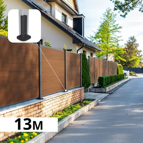 Kit Clôture Composite sur Muret CRUZ Teck 13x1,2m - Bois composite & Aluminium - Poteaux sur Platines Gris - Brise vue