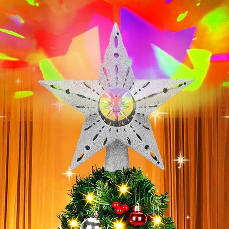 Tourner Etoile Sapin Noel avec Projecteur Rotatif 3D, Etoile Sapin de Noel, Cime de Sapin de Noël, Pointes de Sapin Lumières LED pour la Maison, Les Vacances, Les Fêtes, Les (Argent) (1/5)