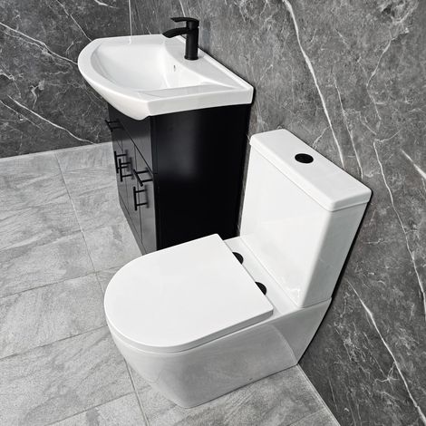 Black Vanity Unit with Black Handles 750mm Closed Back Tornado Toilet Suite, Without Tap & Waste