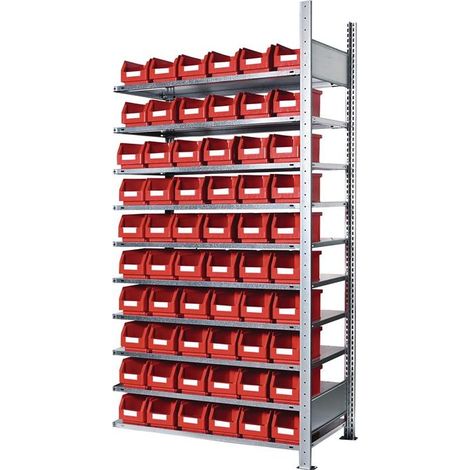 Steckregal H2000xB1000xT300mm Anbauregal 10 Stahlböden 60 x Gr. 6 rot