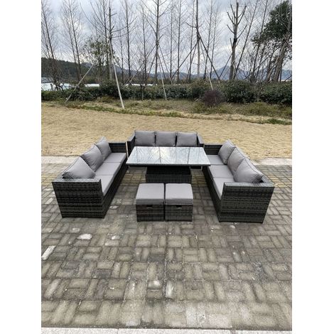 Fimous U Form Outdoor Rattan Gartenmöbel Sofa Set Lounge Einstellbare Steigende Hubtische Fußhocker Dunkelgrau Gemischt (1/4)