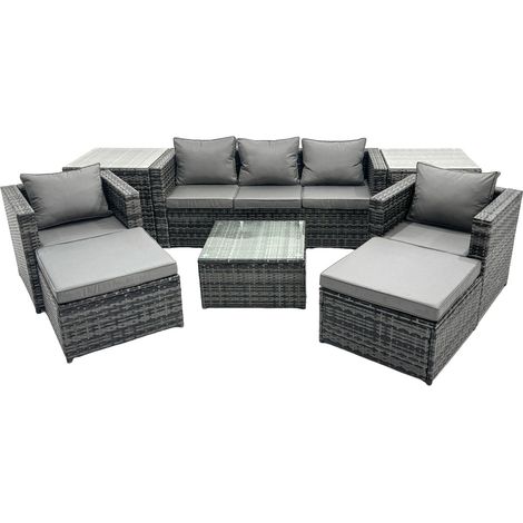 Fimous Outdoor Rattan Garden Furniture Set 7 Seater Patio Lounge Sofa Set with Armchair Square Coffee Table 2 Side Tables 2 Big Footstool Dark Grey Mixed (1/5)
