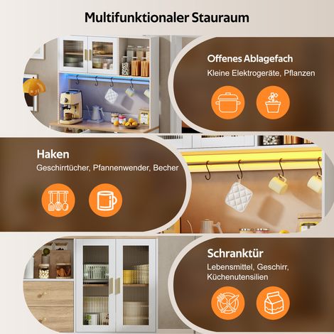 Meuble de cuisine 178 cm, armoire haute avec LED, étagère de cuisine avec prise électrique, vitrine à portes en verre trempé, casier à vin, blanc avec plan de travail renforcé aspect bois (1/5)