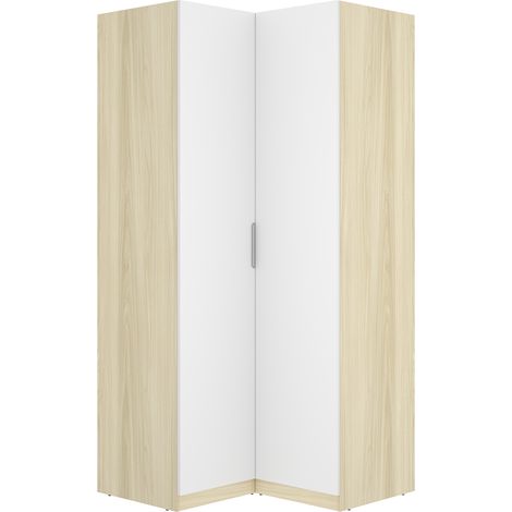 Armoire d'angle placard de rangement à 2 portes battantes, coloris blanc/Chêne clair - Hauteur 203,5 x Longueur 95 x Profondeur 97 cm (1/5)