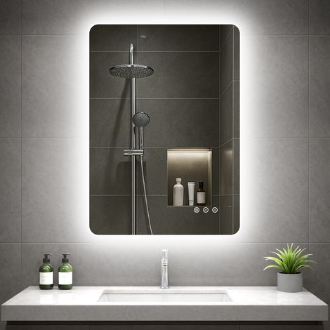 Miroir de salle de bain éclairé 50x70cm, miroir LED de bain lumineux, 3 températures de lumière, anti-buée, fonction mémoire, IP44, pose horizontale/verticale, verre HD 4mm, cadre aluminium (1/5)